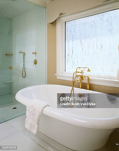 san francisco gate view: separate tub and shower - bath mat stockfoto's en -beelden