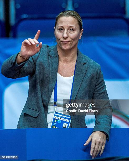 British women's coach, Kate Howey, who won a world title in 1997 and a silver medal at the Sydney Olympics, signals to her player during the 2016...