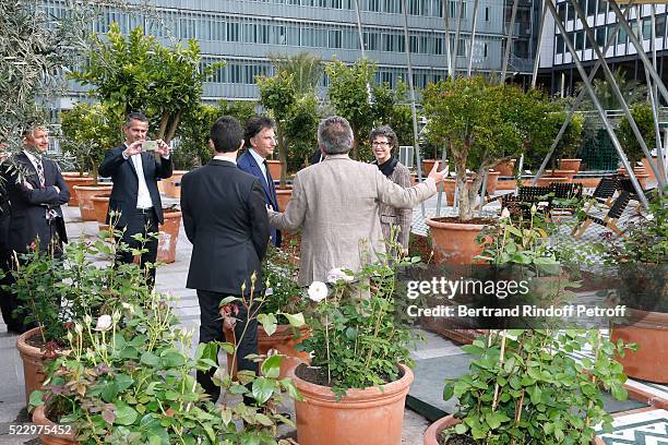 French Prime Minister Manuel Valls, President of the 'Institut du Monde Arabe' Jack Lang, Creator of the Ephemere Garden, Landscaper Michel Pena and...