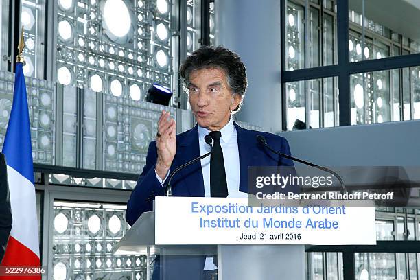 President of the 'Institut du Monde Arabe' Jack Lang presents the "Jardins d'Orient" Exhibition at Institut du Monde Arabe on April 21, 2016 in...