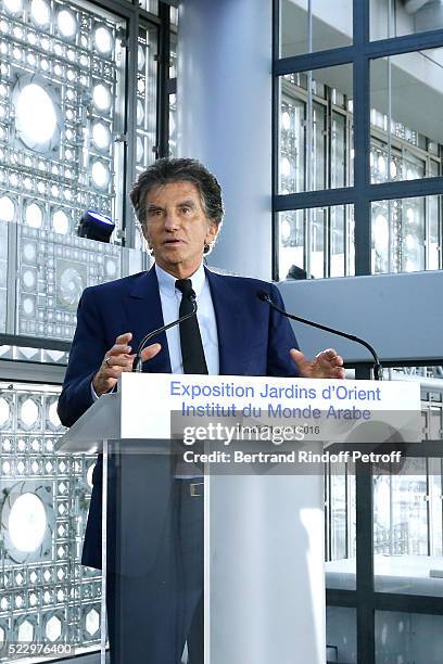 President of the 'Institut du Monde Arabe' Jack Lang presents the "Jardins d'Orient" Exhibition at Institut du Monde Arabe on April 21, 2016 in...