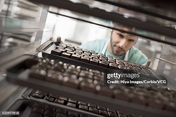 worker in manufacture of chocolates - chocolate factory stockfoto's en -beelden