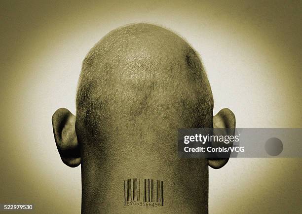 bar code on bald man's neck - bar code stockfoto's en -beelden