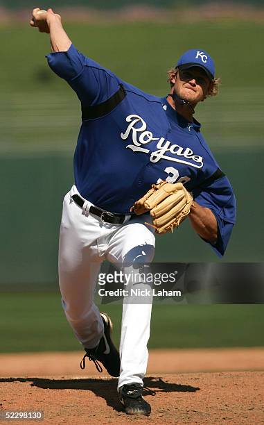 Kyle Snyder of the Kansas City Royals pitches against the Milwaukee Brewers during their spring training game on March 6, 2005 at Surprise Stadium in...