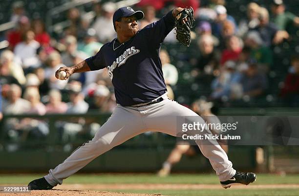 Julio Santana of the Milwaukee Brewers pitches against the Kansas City Royals during their spring training game on March 6, 2005 at Surprise Stadium...