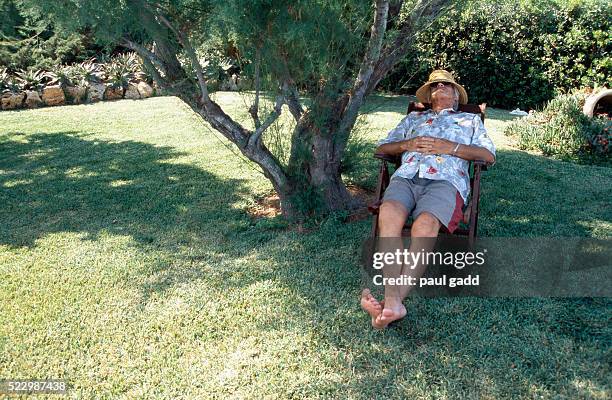 man reclining under a tree - wetterfester stuhl stock-fotos und bilder