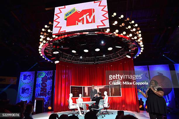 Nicole Byer speaks onstage at the 2016 MTV Upfront at Skylight At Moynihan Station at Skylight at Moynihan Station on April 21, 2016 in New York City.