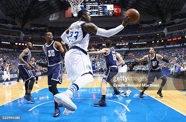 Wesley Matthews of the Dallas Mavericks passes the ball against the Oklahoma City Thunder during game three of the Western Conference Quarterfinals...