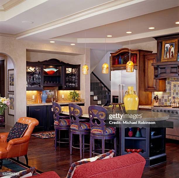 built-in cupboard and island in kitchen - pendant light stock pictures, royalty-free photos & images