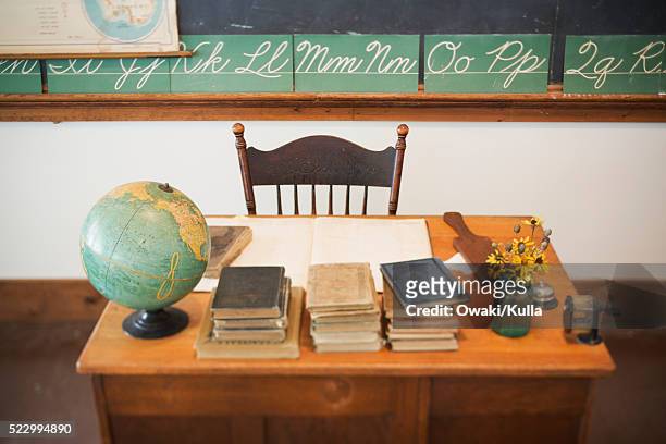 teacher's desk in front of blackboard - archival classroom stock pictures, royalty-free photos & images