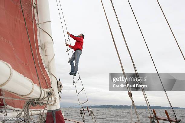 man on a sailboat - scala di corda foto e immagini stock