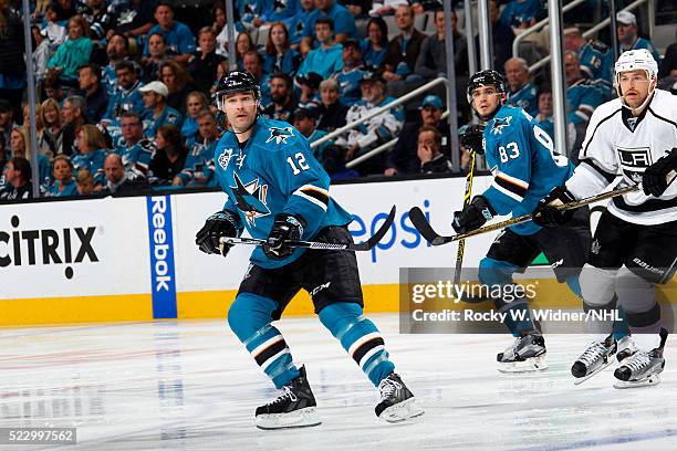 Patrick Marleau of the San Jose Sharks skates against the Los Angeles Kings in Game Three of the Western Conference First Round during the 2016 NHL...