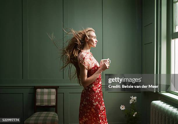 woman looking out window - long hair wind stock pictures, royalty-free photos & images