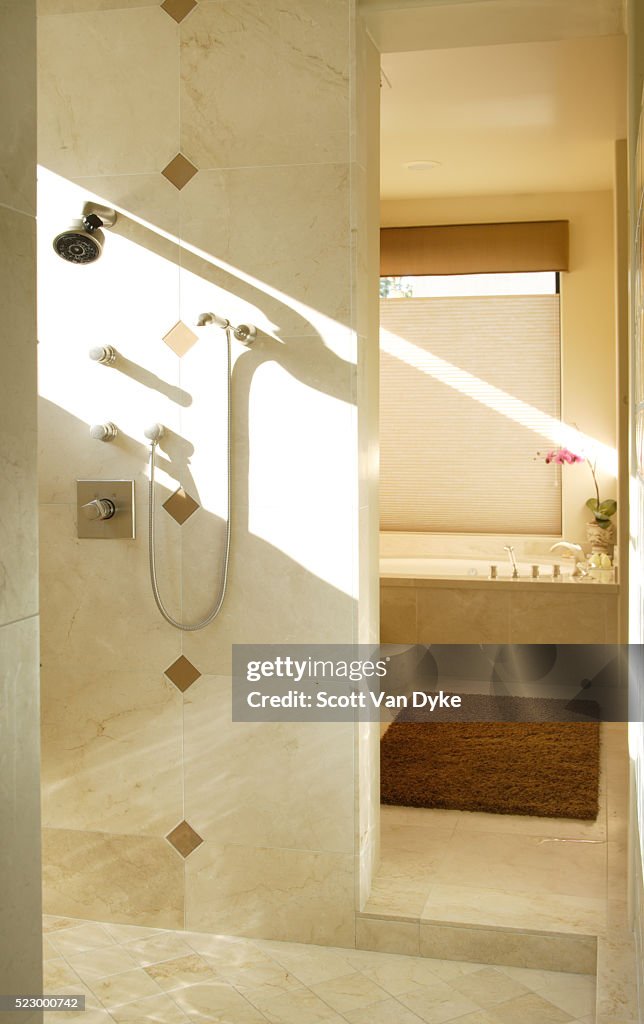 Sun Streaming into Tiled Shower Stall