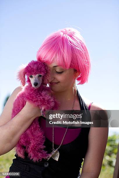 hipster with dyed pink poodle - caniche photos et images de collection