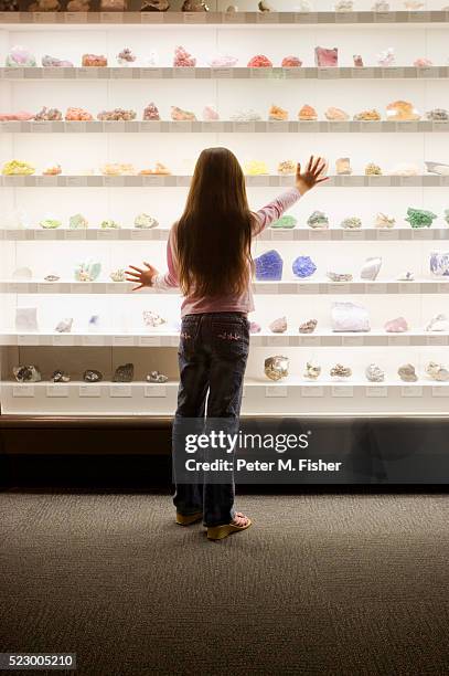 girl looking at gems in natural history museum - gemology stock-fotos und bilder