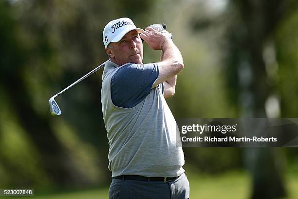 Richard Muscroft of Schloss Westerholt GC hits an approach during the PGA Professional Championship North East Qualifier at Fulford Golf Club on...