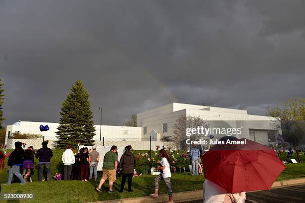 Rainbow emerges over Paisley Park while fans pay respect on April 21, 2016 in Chanhassen, Minnesota. Prince died earlier today at his Paisley Park...