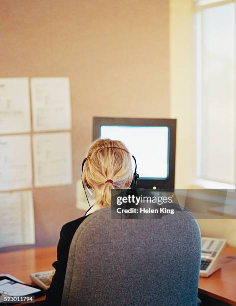 Business Woman Behind Computer With Headset Photos and Premium High Res ...