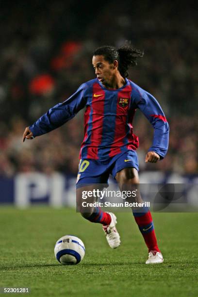 Ronaldinho of Barcelona in action during the UEFA Champions League first knock-out round, first leg match between Chelsea and Barcelona at Nou Camp,...