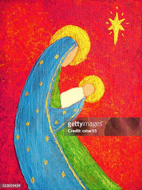 ilustraciones, imágenes clip art, dibujos animados e iconos de stock de religiosas: abstract christmas nativity con madonna y jesús arte pintura - nativity scene painting