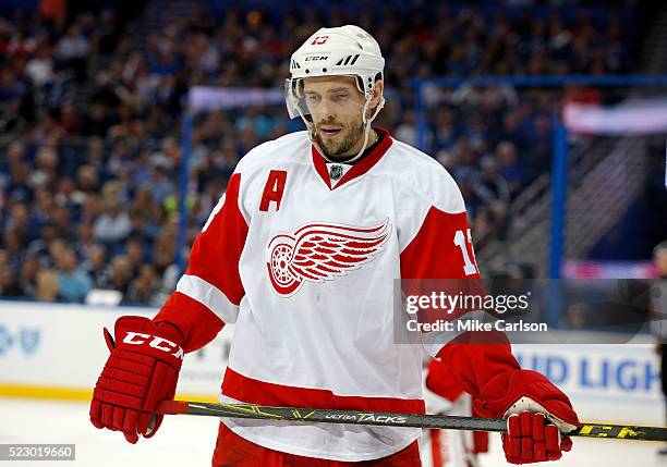 Pavel Datsyuk of the Detroit Red Wings during a stop in play against the Tampa Bay Lightning during the second period in Game Five of the Eastern...