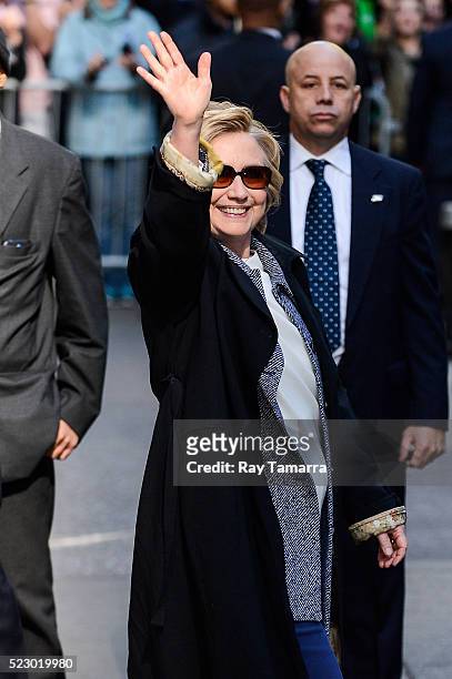 Presidential candidate Hillary Rodham Clinton leaves the "Good Morning America" taping at the ABC Times Square Studios on April 21, 2016 in New York...