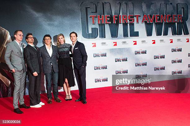 Paul Bettany, Robert Downey Jr., Anthony Russo, Emily VanCamp and Daniel Bruehl attend the 'The First Avenger: Civil' War Berlin Premiere at Sony...