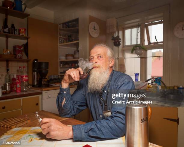 portrait of senior man with beard - bauer pfeife stock-fotos und bilder