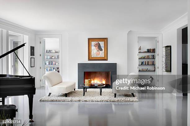 modern living room with fire place, chicago il - modern art interior stockfoto's en -beelden