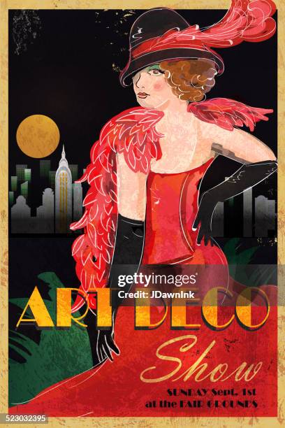 art deco style vintage advertisement poster template - art deco woman stock illustrations