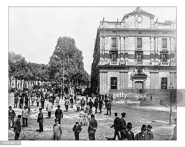 antique photograph of rambla de santa mònica, barcelona (spain) - promenade stock illustrations