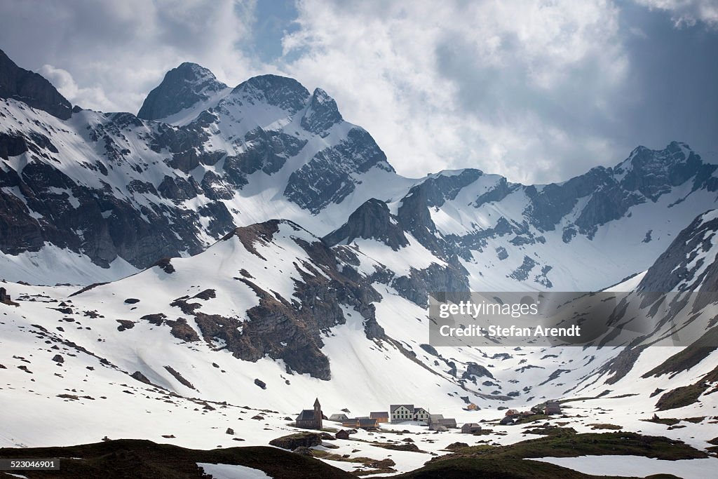 Evening mood in the Alpsteingebirge Mountains, view from Mt. Saentis with Mt. Altmann, Appenzellerland, Alps, Switzerland, Europe