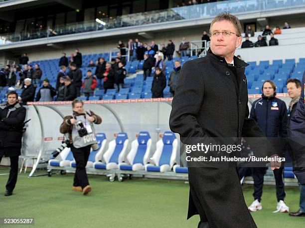 Trainer Ralf Rangnick beetween TSG 1899 Hoffenheim and FSV Mainz 05 at the Rhein-Neckar Arena on March 7, 2010 in Sinsheim, Germany.