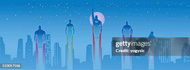 stockillustraties, clipart, cartoons en iconen met city superheroes team - langer mantel