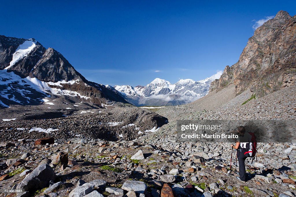 Hiker during ascent of Mt Tschenglser Hochwand above Duesseldorfer Huette hut in Sulden, Mt Vertainspitze, Mt Koenigsspitze and Mt Zebru at back, Suldental valley, South Tyrol, Italy, Europe