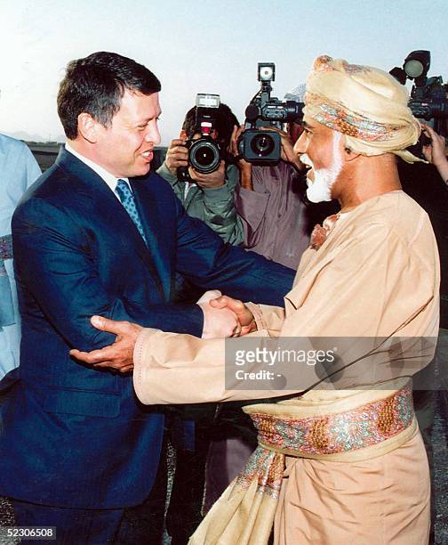 Omani leader Sultan Qaboos bin Said receives King Abdallah ll of Jordan in Muscat 08 March 2005. King Abdullah II has said Arab nations would revive...