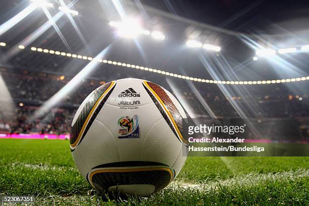 Jabulani, the official FIFA WM 2010 matchball is seen during the Bundesliga match between FC Bayern Muenchen and Borussia Moenchengladbach at Allianz...