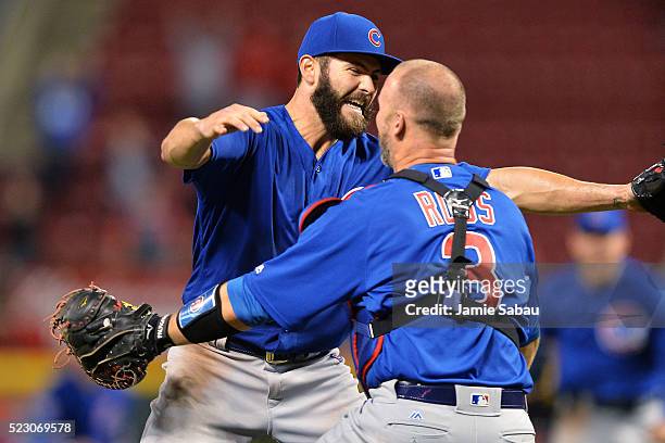 Jake Arrieta of the Chicago Cubs celebrates with catcher David Ross of the Chicago Cubs after throwing a no-hitter against the Cincinnati Reds at...
