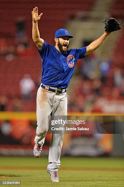 Jake Arrieta of the Chicago Cubs celebrates after the final out after throwing a no-hitter against the Cincinnati Reds at Great American Ball Park on...