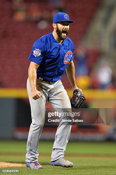 Jake Arrieta of the Chicago Cubs celebrates after the final out after throwing a no-hitter against the Cincinnati Reds at Great American Ball Park on...