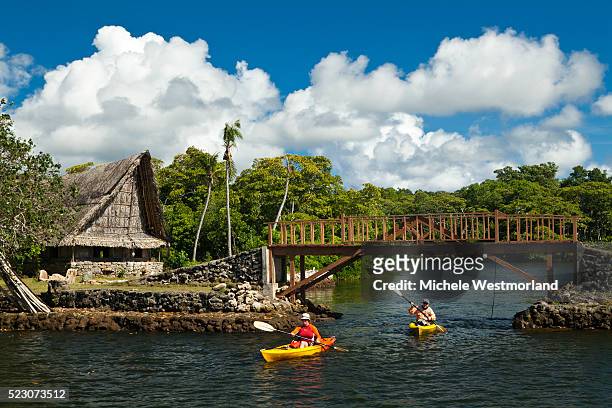 man and woman kayaking through the protected mangrove areas near men's house in yap, micronesia. - micronesia stock pictures, royalty-free photos & images