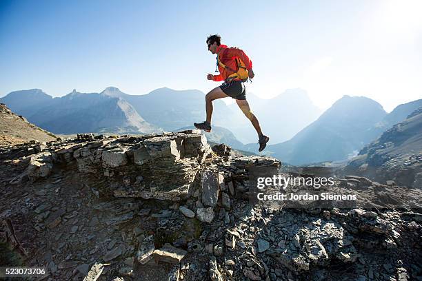 man running on ridge, lewis range, rocky mountains, glacier national park, usa - trailrunning stock-fotos und bilder