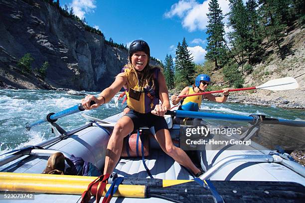 whitewater rafting on the lower elk river, british columbia - whitewater rafting stock-fotos und bilder