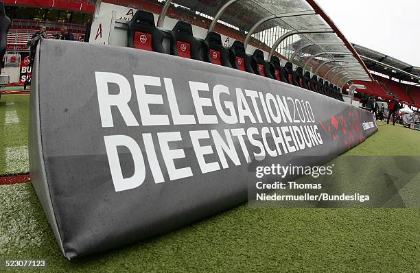 Werbebanner mit Relegationslogo waehrend des Bundesliga Relegationspiels 1. FC Nuernberg gegen den FC Augsburg im EasyCredit Stadion am 13. Mai, 2010...