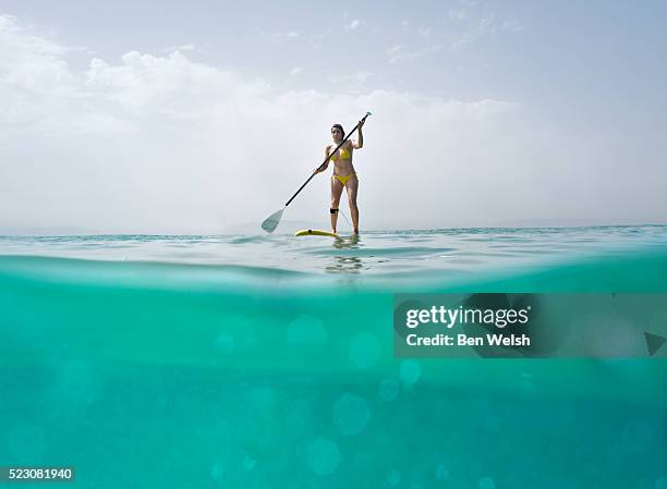 woman on stand up paddle board - paddle surf foto e immagini stock