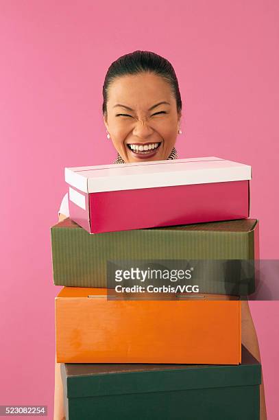 woman who loves to shop for shoes - shoe boxes stock pictures, royalty-free photos & images