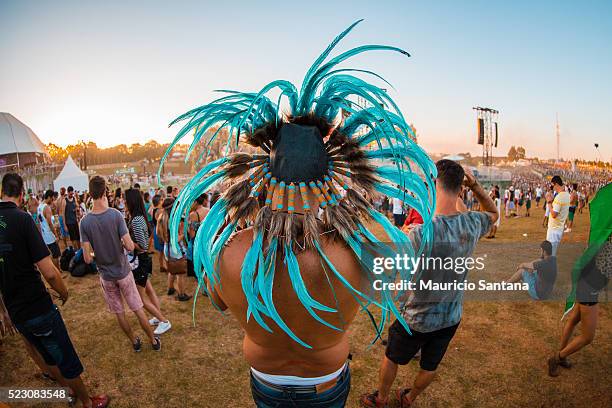 General view of atmosphere with Indian headdress during the first day of the Tomorrowland music festival at Parque Maeda Itu on April 21, 2016 in Sao...