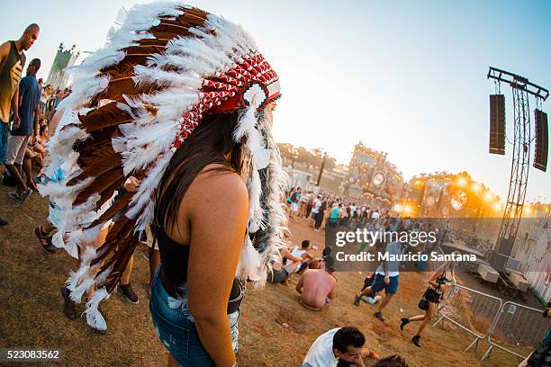 General view of atmosphere with Indian headdress during the first day of the Tomorrowland music festival at Parque Maeda Itu on April 21, 2016 in Sao...