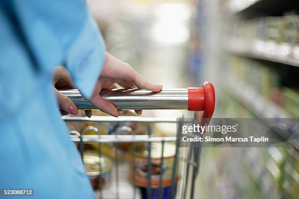 woman shopping for groceries - shopping cart stockfoto's en -beelden